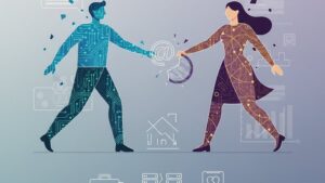 Современная иллюстрация для статьи о тенденциях разводов среди IT-предпринимателей в 2026 году.
